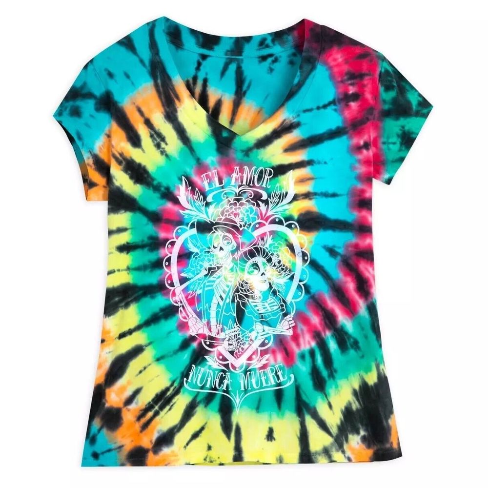 Disney COCO Imelda Hector Valentine 100% Cotton V-Neck Tie-Dye T-Shirt Large 2X